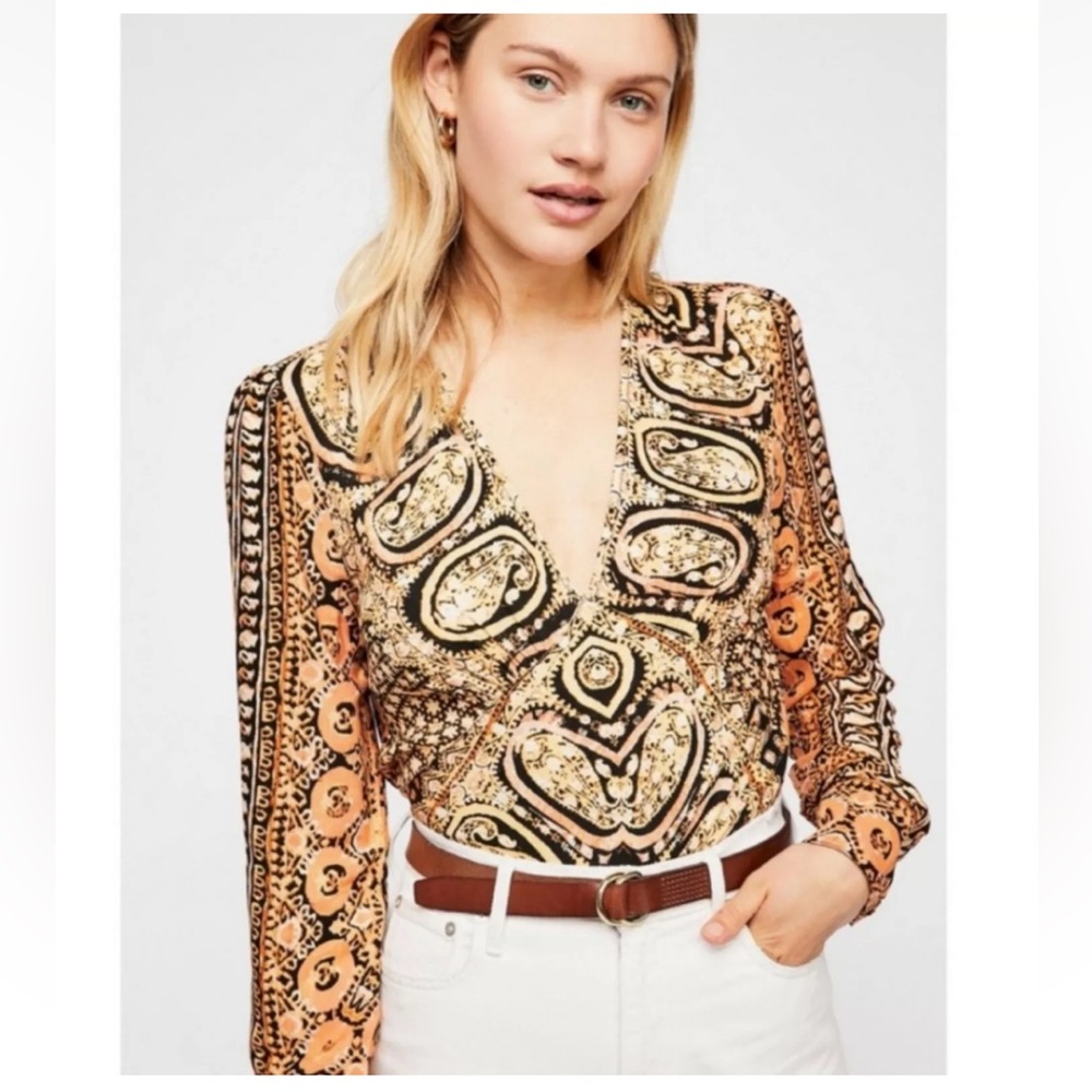 Free People Golden Orange and Black Paisley Boho Crop